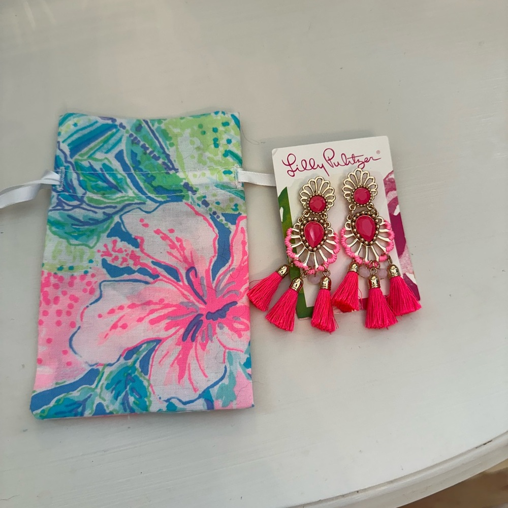 Lilly Pulitzer Vibrant Pink and Green Tassel Earrings